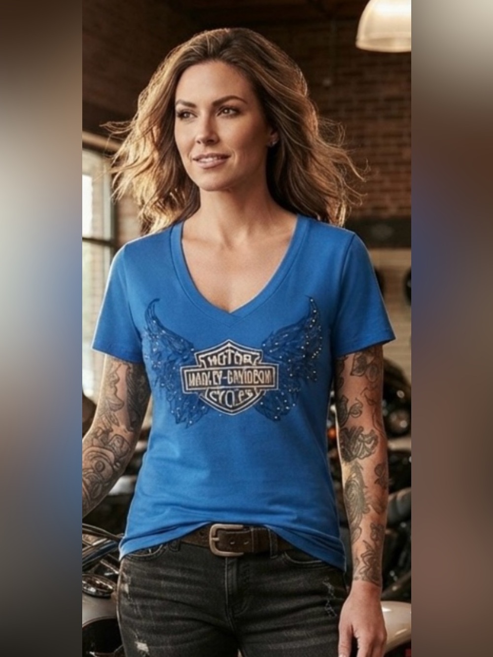 Harley-Davidson Bright Blue V-Neck Tee with Winged Logo